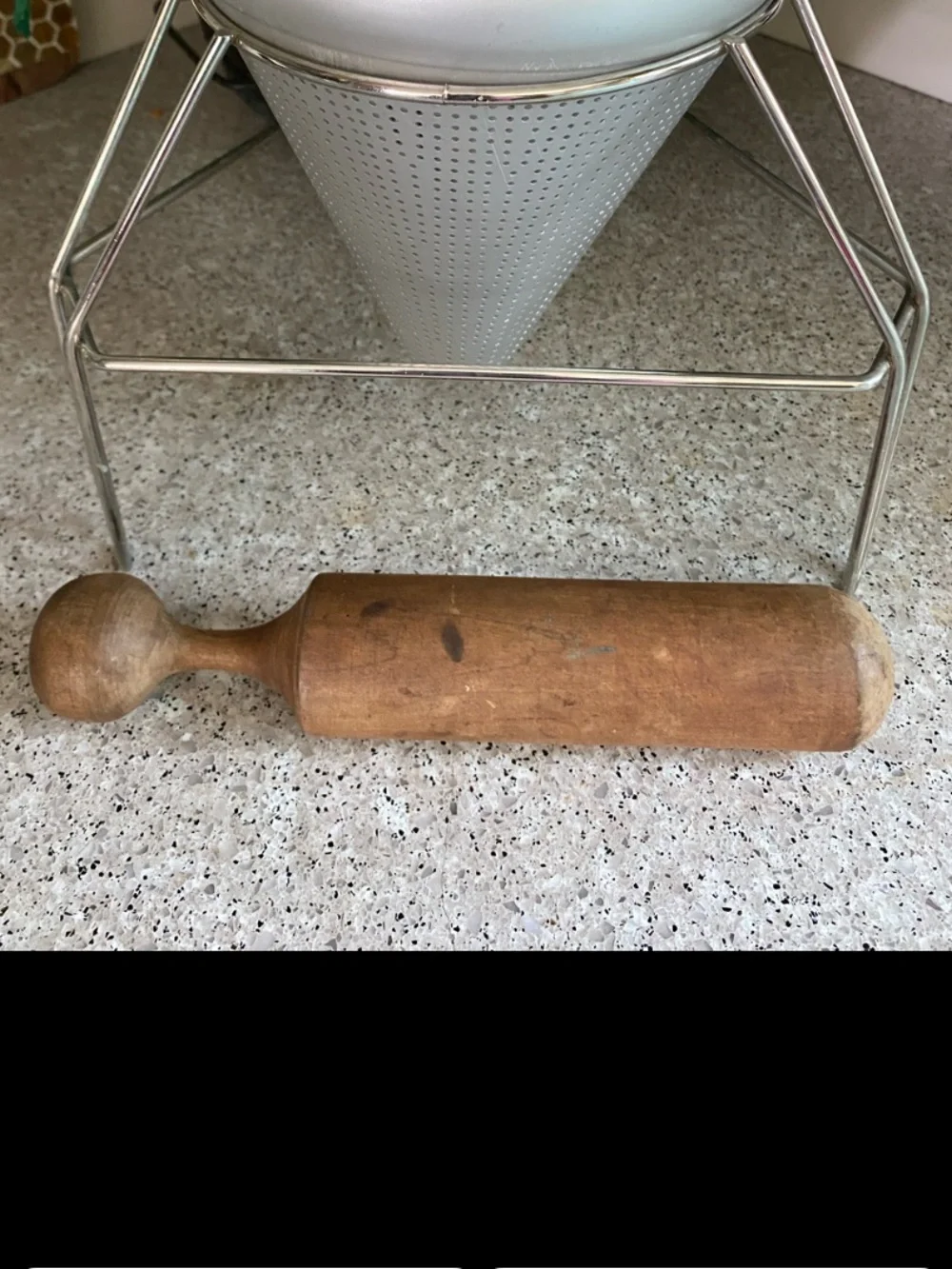 Vintage Cone Sieve, Wooden Pestle & Aluminum Stand
